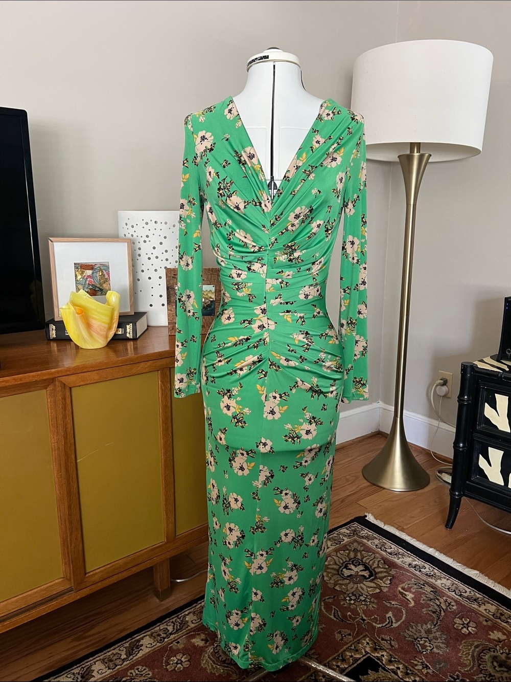 Mango Green Floral Ruched Long-Sleeve Maxi Dress